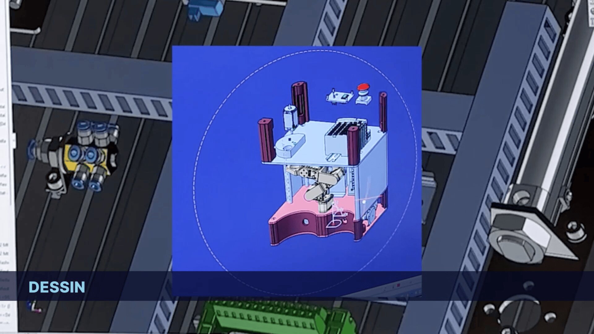 Un écran d'ordinateur affichant un modèle 3D d'un composant mécanique, surligné dans un carré bleu, avec des dessins techniques et des éléments d'interface CAO visibles à l'arrière-plan. Le mot DESSIN apparaît dans une barre bleue en bas de l'écran.