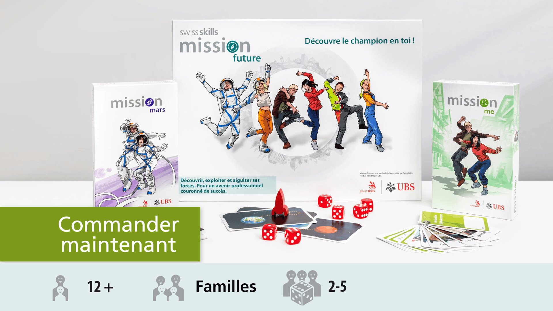 Un jeu de société appelé SwissSkills Mission Future est présenté avec une boîte de jeu, des cartes, des dés et des pièces. Le texte indique que le jeu est destiné aux 12 ans et plus, aux familles et à 2-5 joueurs. Une bannière verte indique Commander maintenant.
