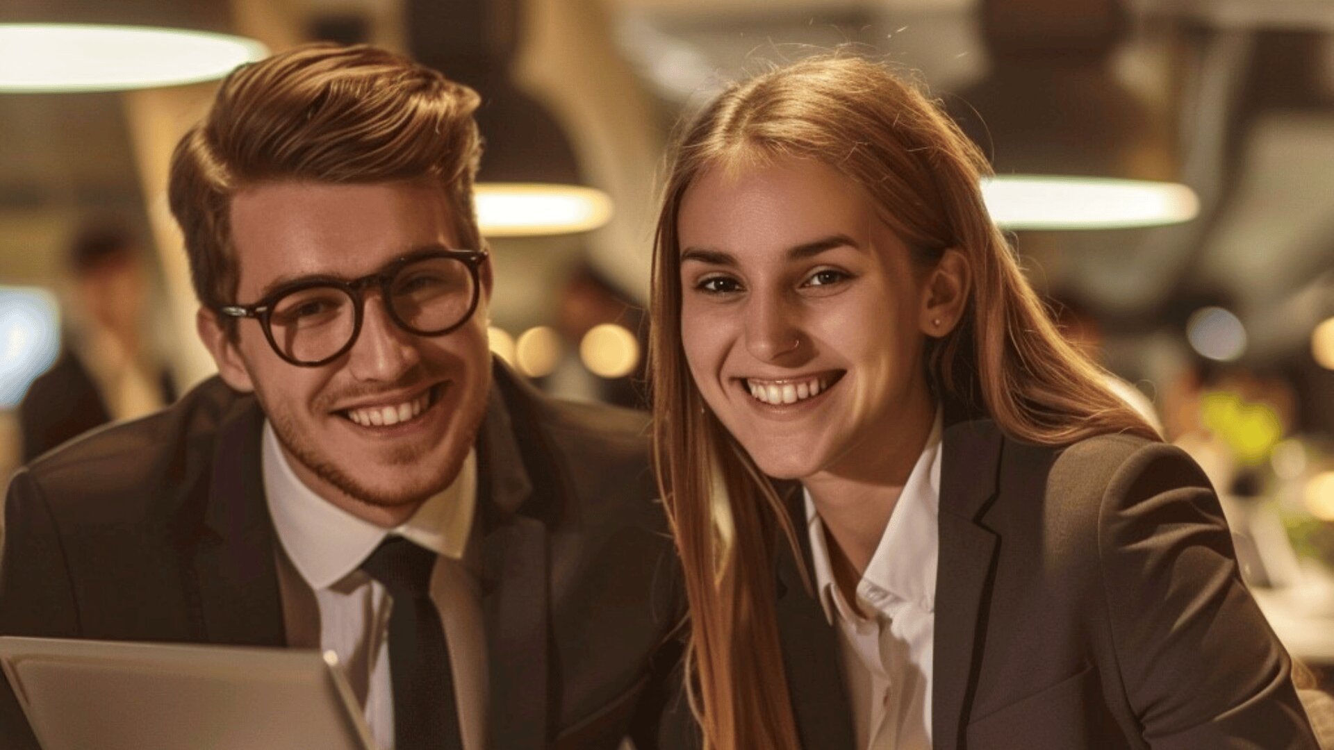 Deux jeunes professionnels en tenue de travail, un homme à lunettes et une femme aux cheveux longs, sourient à l'appareil photo alors qu'ils sont assis à l'intérieur d'un bureau moderne ou d'une salle de conférence.