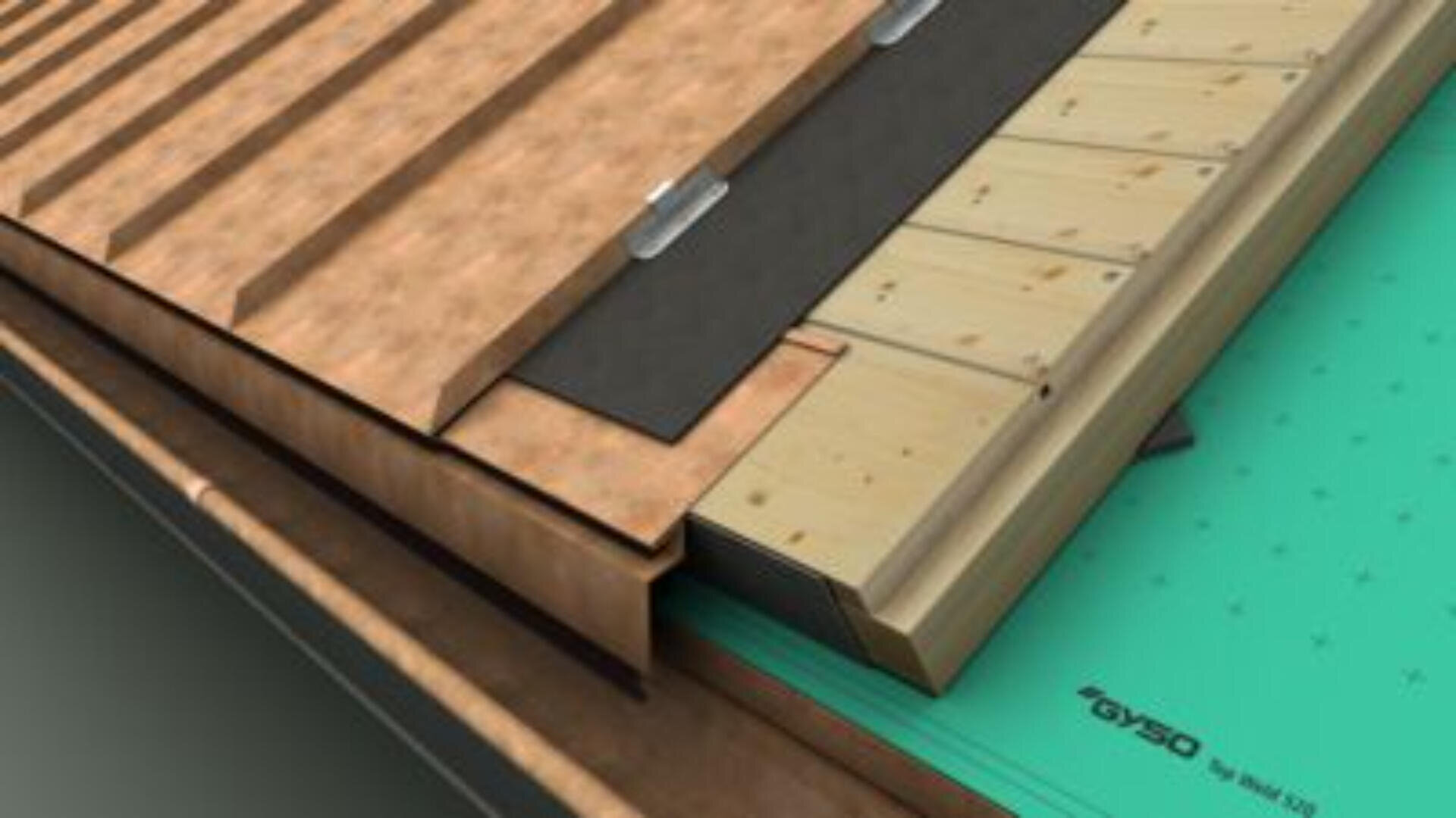 Coupe transversale d'un assemblage de toiture montrant plusieurs couches, y compris des panneaux de bois, un isolant, une membrane d'étanchéité noire et un pare-vapeur vert étiqueté "GYPSO".