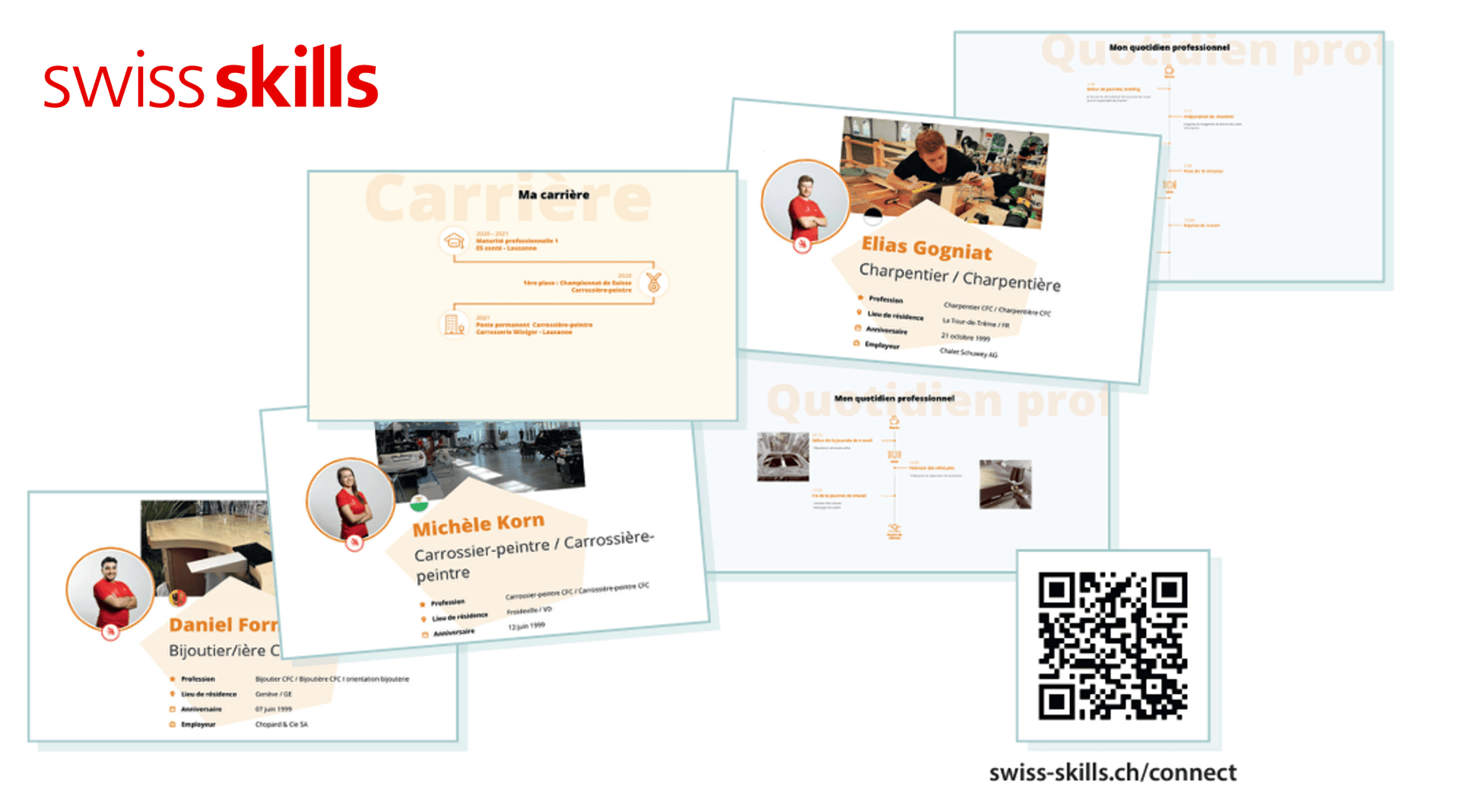 Un collage de diapositives de profils de carrière SwissSkills comprenant des photos de personnes, des titres de postes tels que charpentier ou bijoutier, des icônes de contact, un code QR et le logo SwissSkills. Lien vers le site web : swiss-skills.ch/connect.