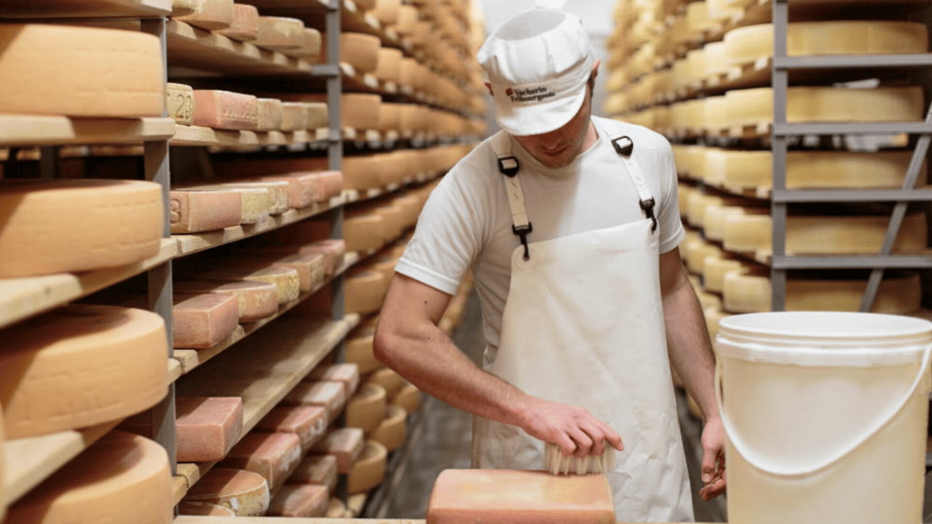 Un ouvrier en uniforme blanc et casquette brosse une meule de fromage dans une salle de stockage bordée d'étagères empilées avec des meules de fromage vieillissantes. Un grand seau blanc se trouve à proximité.