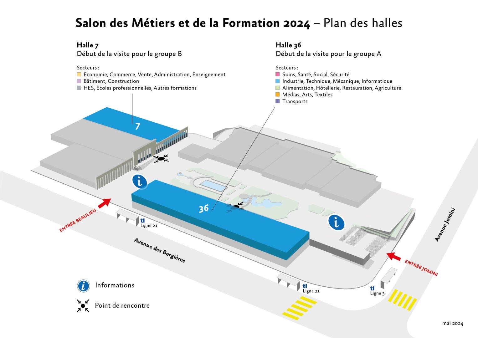 Schéma du plan du Salon des Métiers et de la Formation 2024, montrant les halls 7 et 36 avec les listes de secteurs, l'entrée, la sortie, les points de rencontre, les bureaux d'information, les allées et les rues étiquetées.
