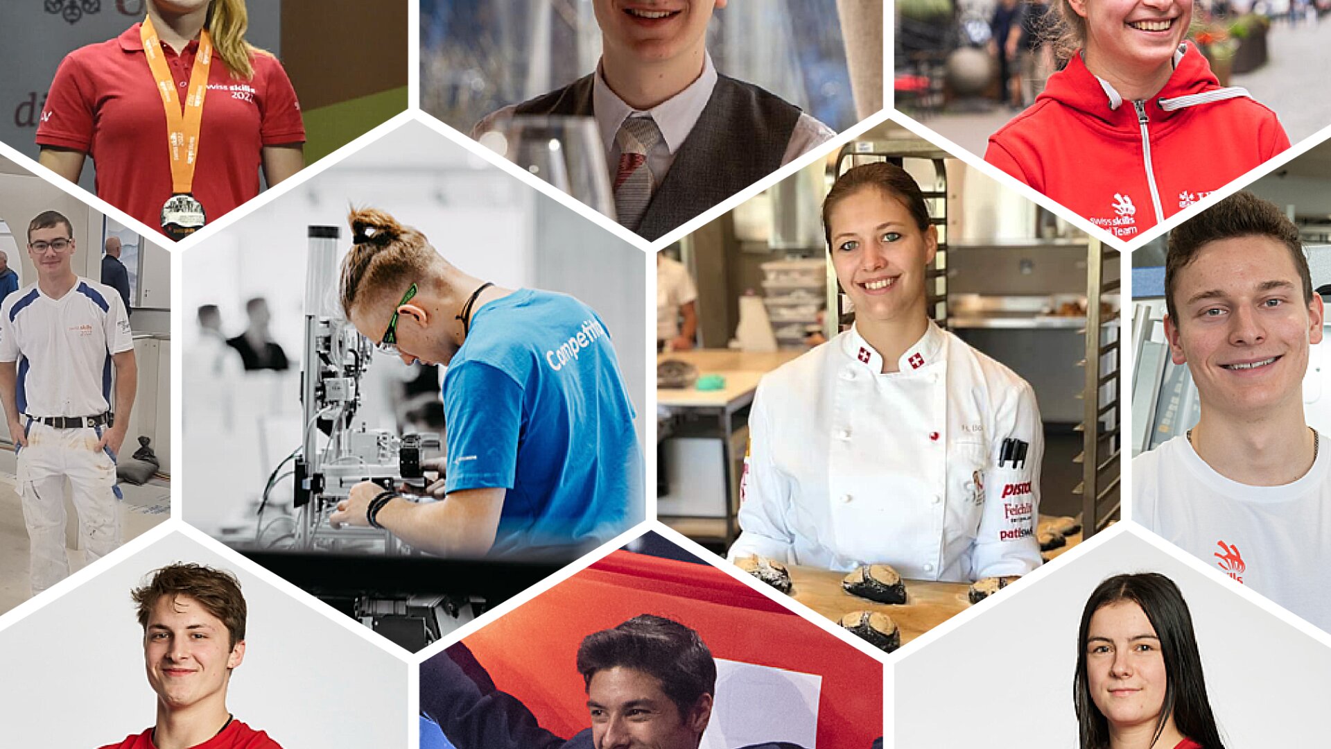 Un collage de jeunes hommes et femmes en différents uniformes, y compris des chefs, des athlètes et des techniciens, souriant et posant pour l'appareil photo, représentant différentes professions et compétences.