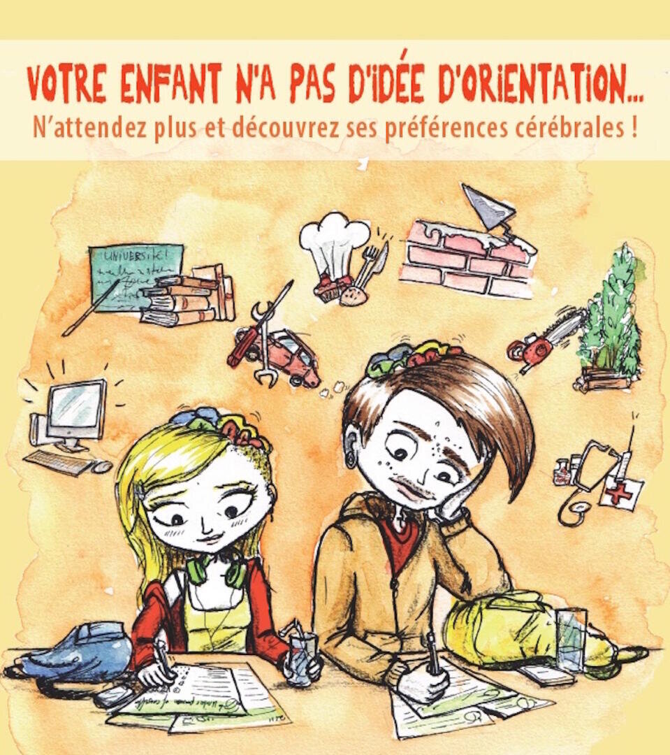 Deux enfants sont assis à un bureau, une fille dessinant joyeusement et un garçon regardant un crayon avec perplexité. Divers objets, tels que des outils et des livres, flottent autour d'eux. Le texte au-dessus se lit comme suit : "Votre enfant n'a pas la didée d'orientation.. : VOTRE ENFANT NA PAS DIDÉE DORIENTATION...