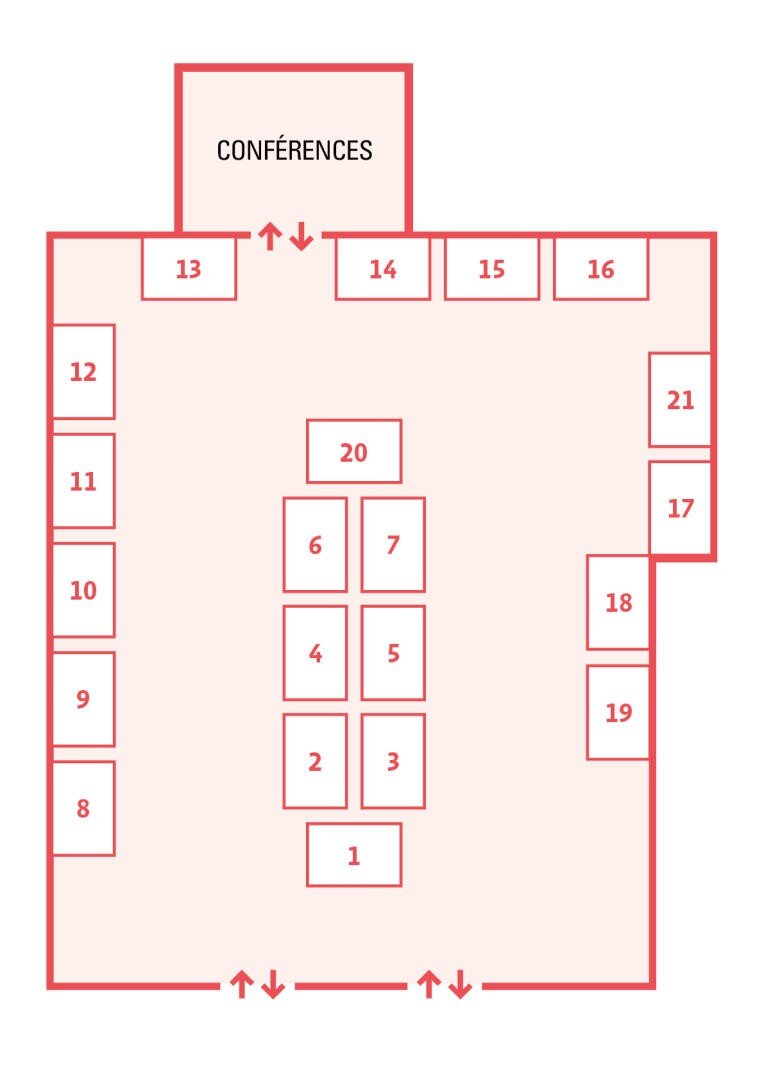 Plan d'un espace événementiel montrant les cabines numérotées de 1 à 21 disposées autour d'une zone centrale, avec une salle de CONFÉRENCES en haut et les entrées principales en bas.