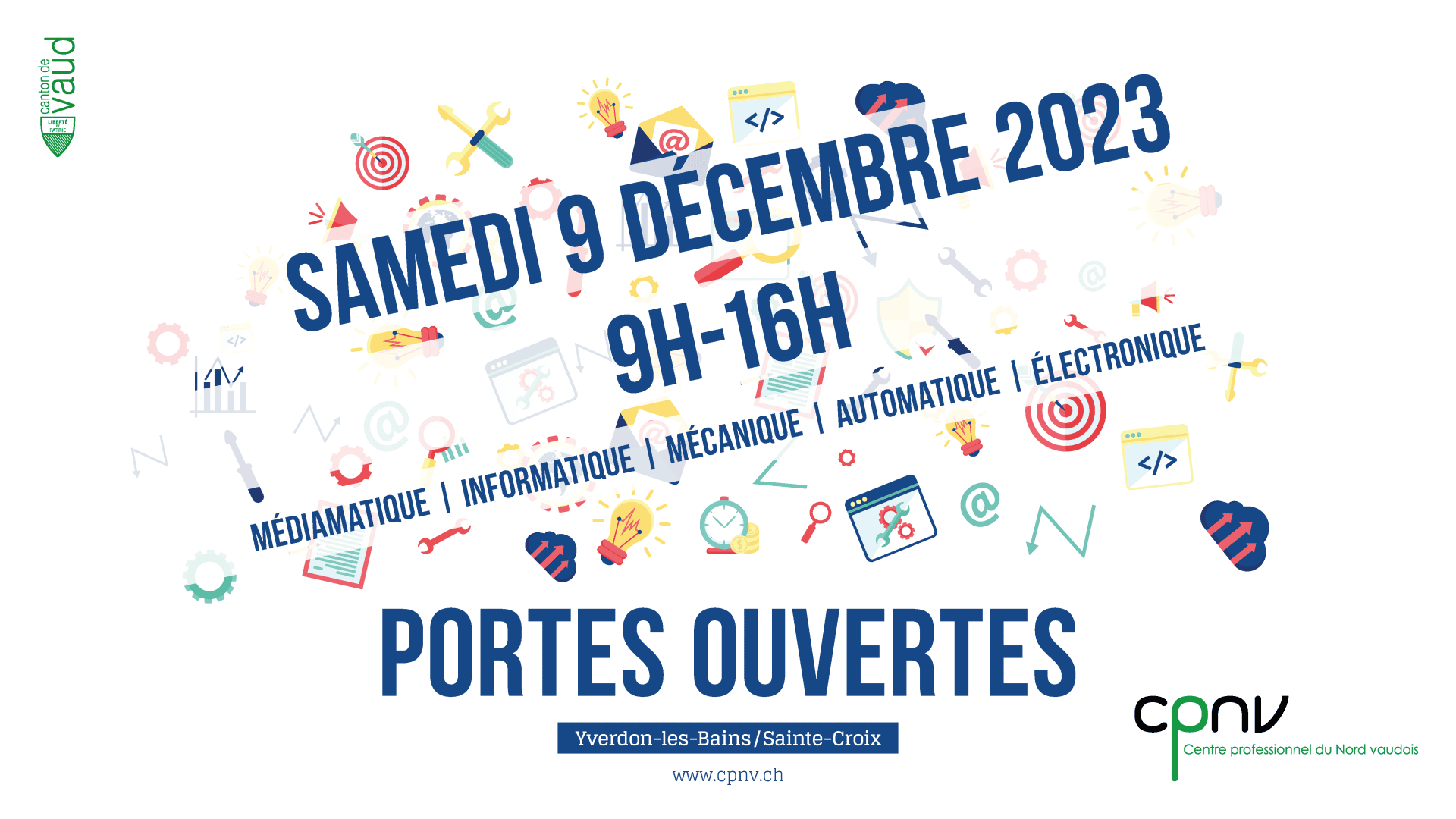 Portes ouvertes au CPNV à Yverdon-les-Bains/Sainte-Croix, le samedi 9 décembre 2023, de 9h à 16h, sur les thèmes des médias, de l'informatique, de la mécanique, de l'automatisation et de l'électronique. Logos et icônes en arrière-plan.