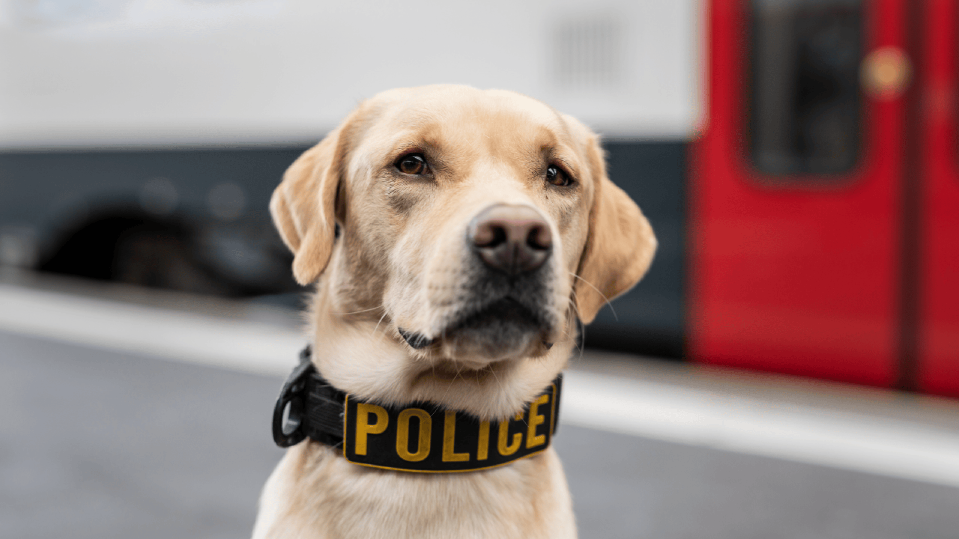 Un labrador jaune portant un collier noir étiqueté POLICE se tient en alerte en plein air, sur un fond flou représentant un véhicule rouge et blanc.