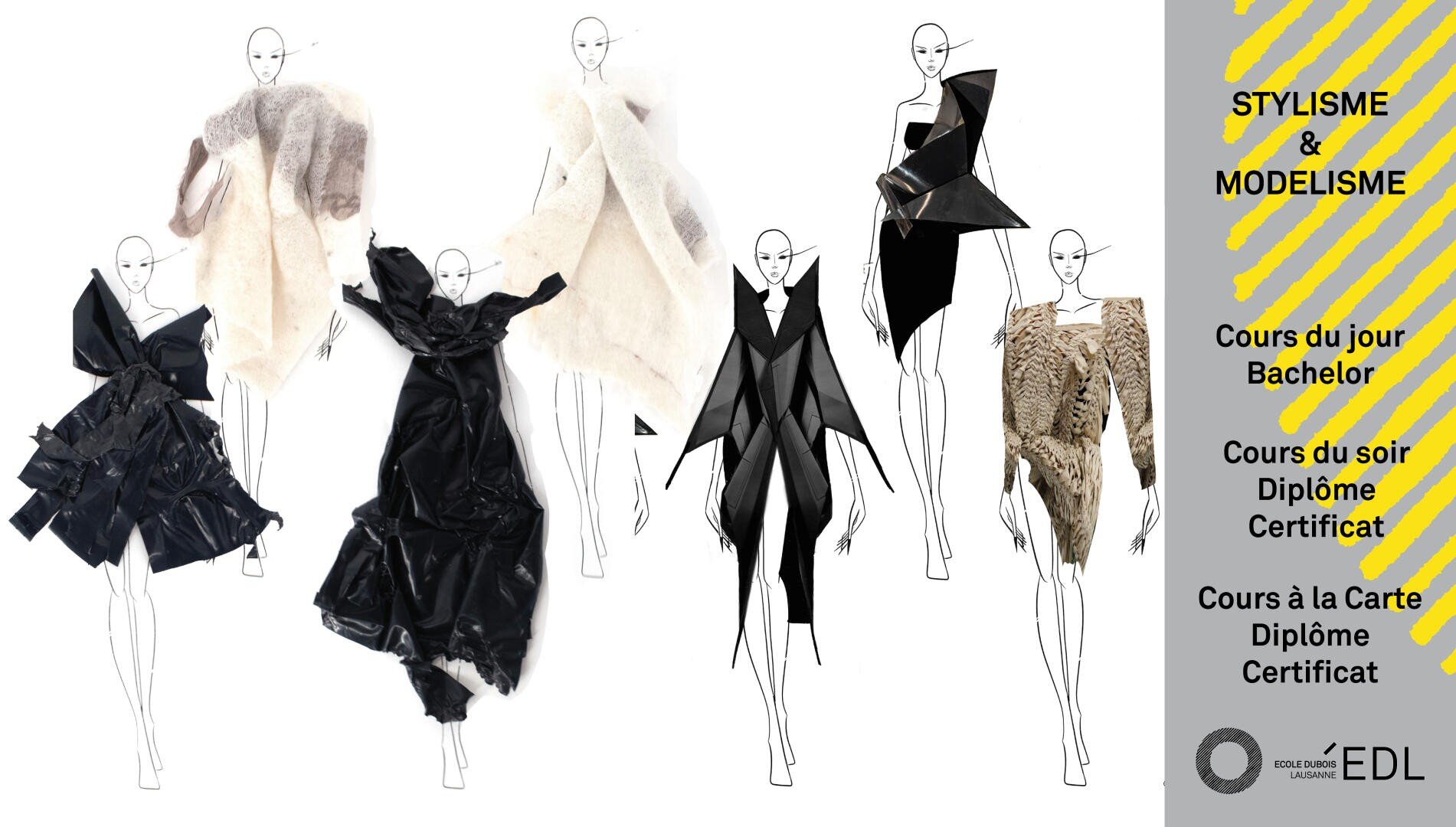 Six croquis de mode représentant des tenues abstraites et avant-gardistes sont présentés, avec des vêtements noirs, blancs et texturés. Sur la droite, un panneau jaune énumère les cours de design en français à l'EDL, avec un texte noir et un logo gris en bas.