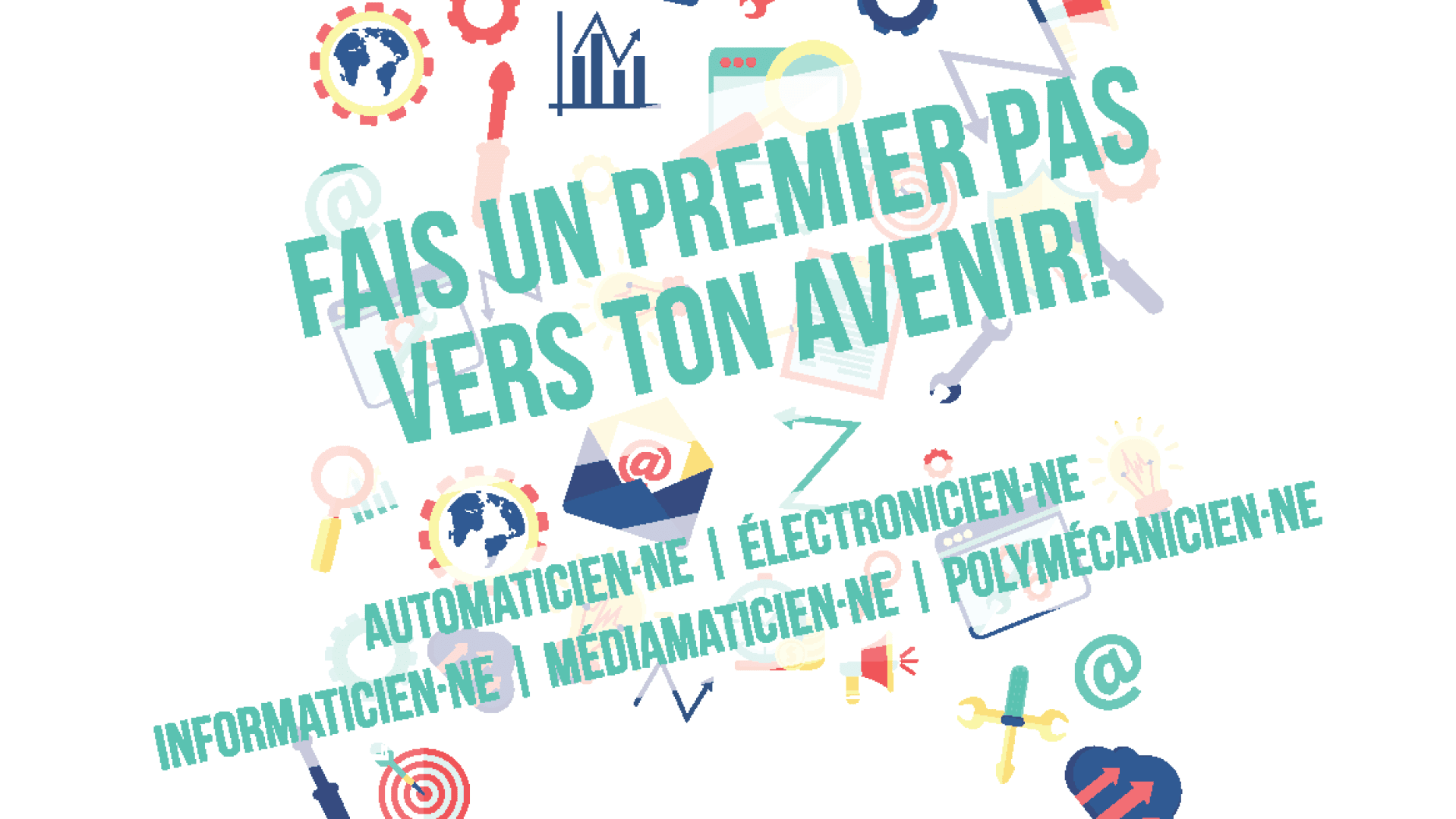 Le texte en français indique "Fais un premier pas vers ton avenir !" au-dessus d'une liste de professions techniques, avec des icônes colorées d'outils, d'engrenages et de symboles technologiques dispersés en arrière-plan.