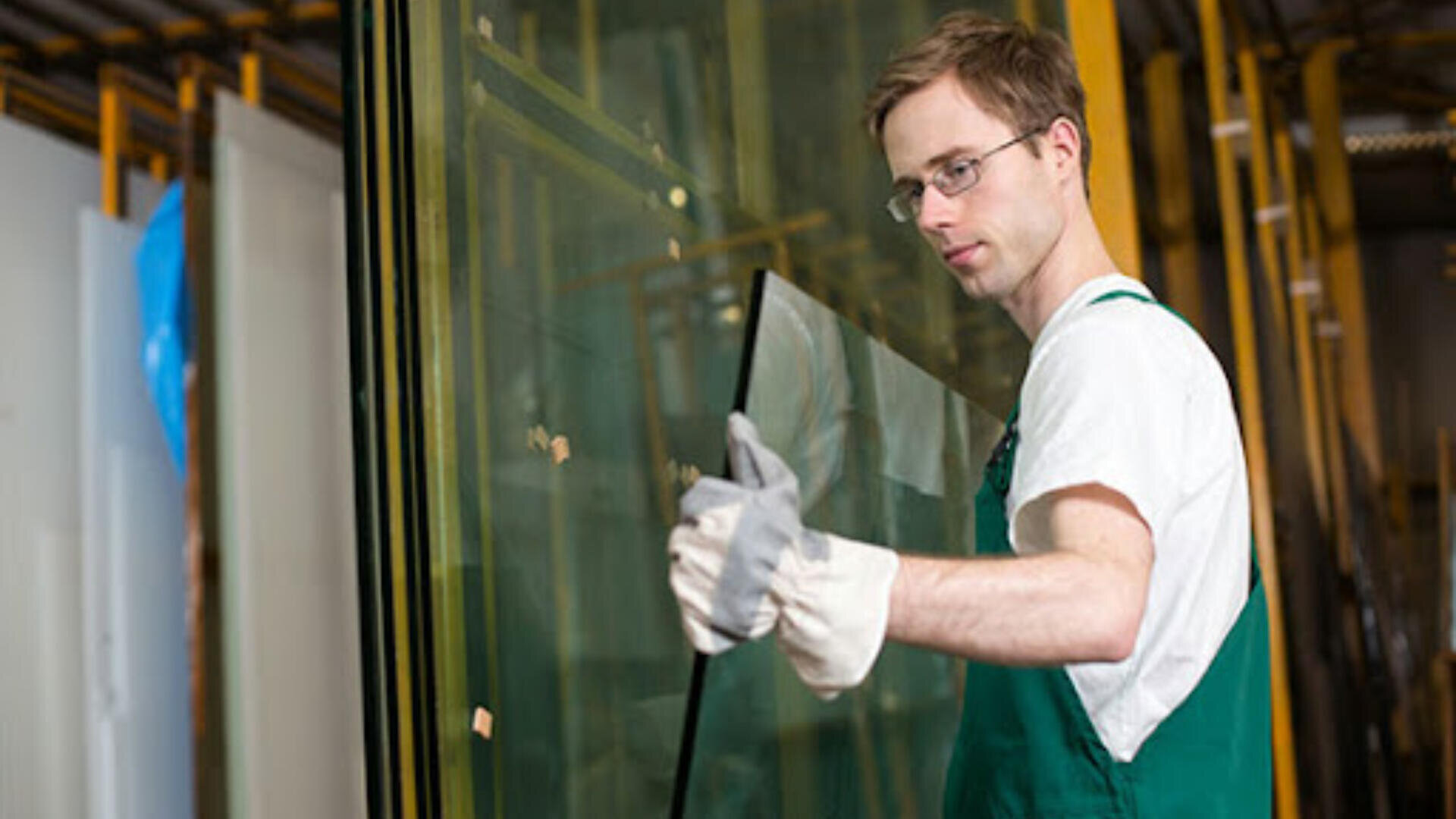 Un homme portant des lunettes, des gants et une salopette verte soulève une grande feuille de verre dans un atelier ou une usine, entouré d'autres feuilles de verre.