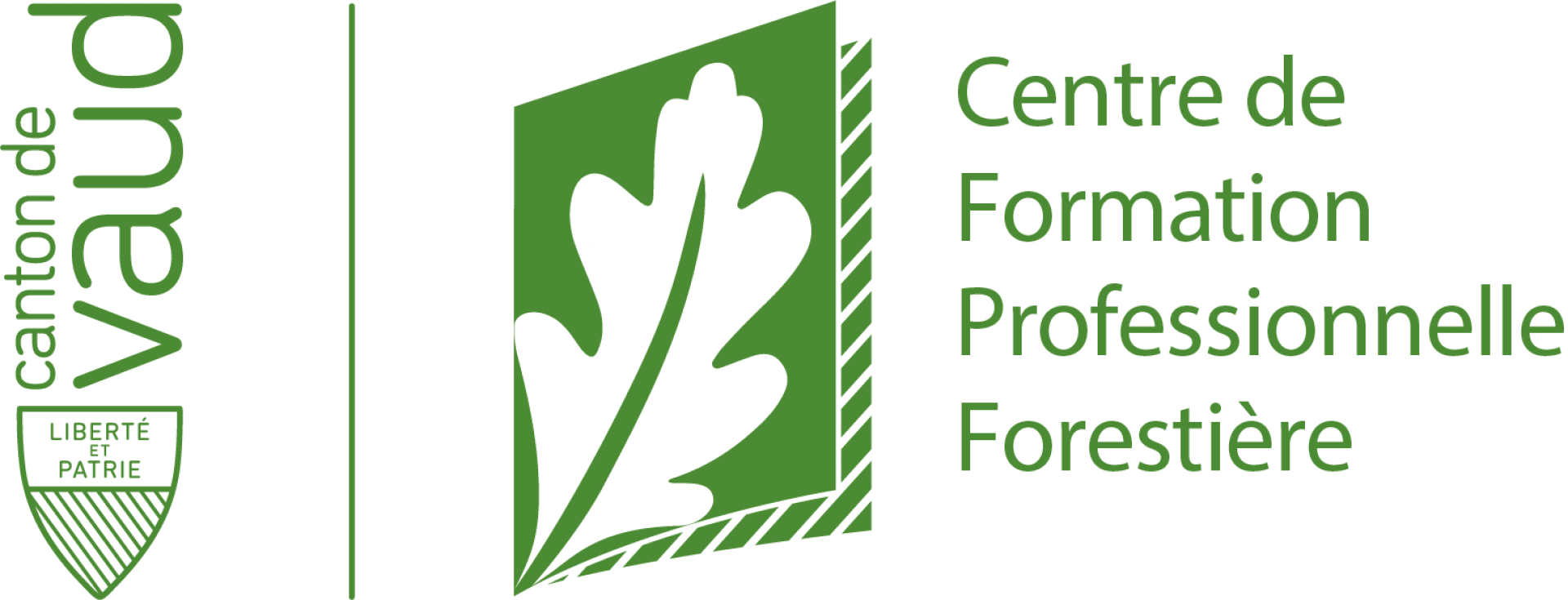 Logo du Centre de Formation Professionnelle Forestière dans le canton de Vaud, représentant une feuille de chêne verte, un texte et un bouclier avec les mots Liberté et Patrie.
