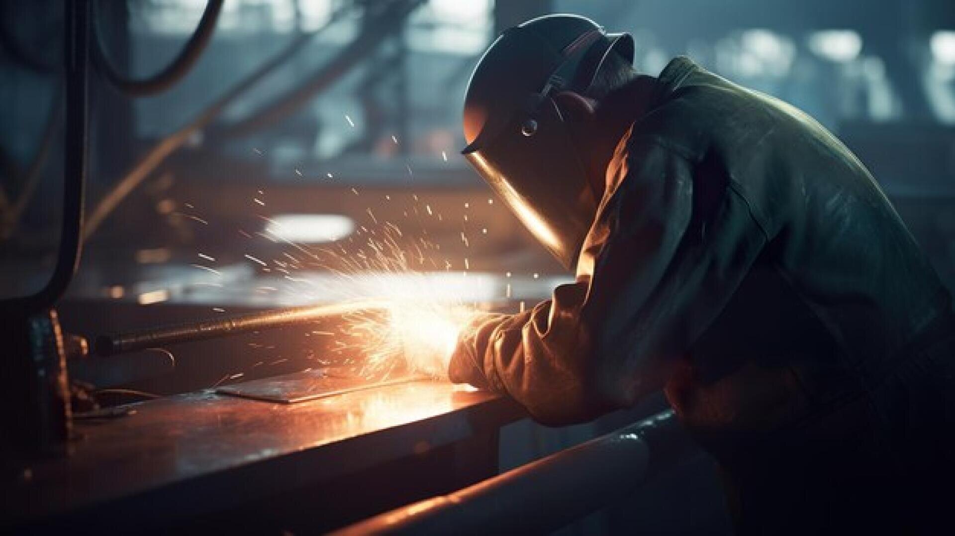 Une personne portant un équipement de protection et un casque de soudure travaille sur un établi métallique, des étincelles brillantes jaillissant lors de la soudure dans un atelier industriel faiblement éclairé.
