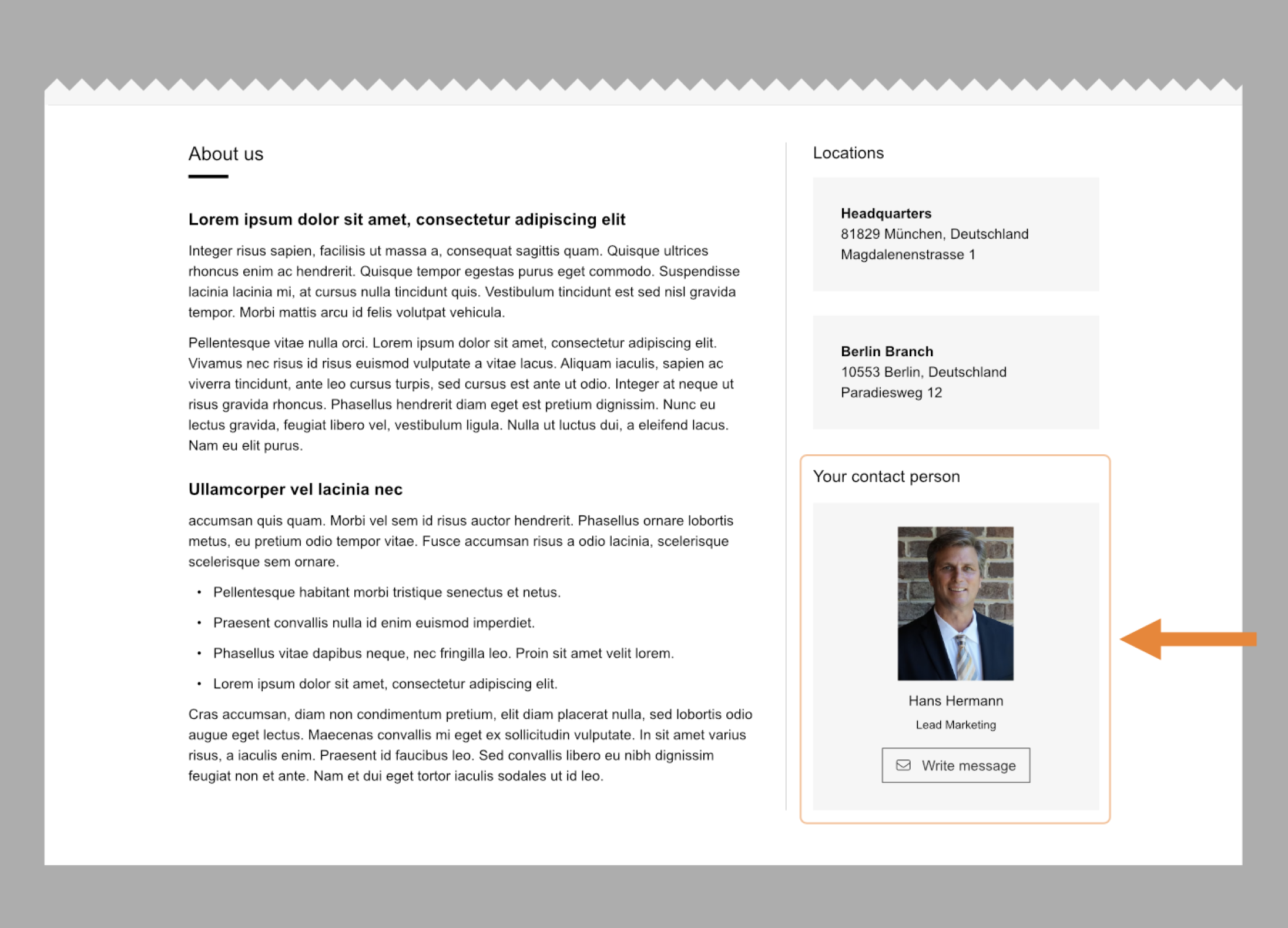 Une section du site web avec le texte « À propos » à gauche et une barre latérale à droite indiquant les bureaux et un contact, Hans Hermann, avec une photo et un bouton « Écrire un message ». Une flèche orange pointe vers la section « Contact ».