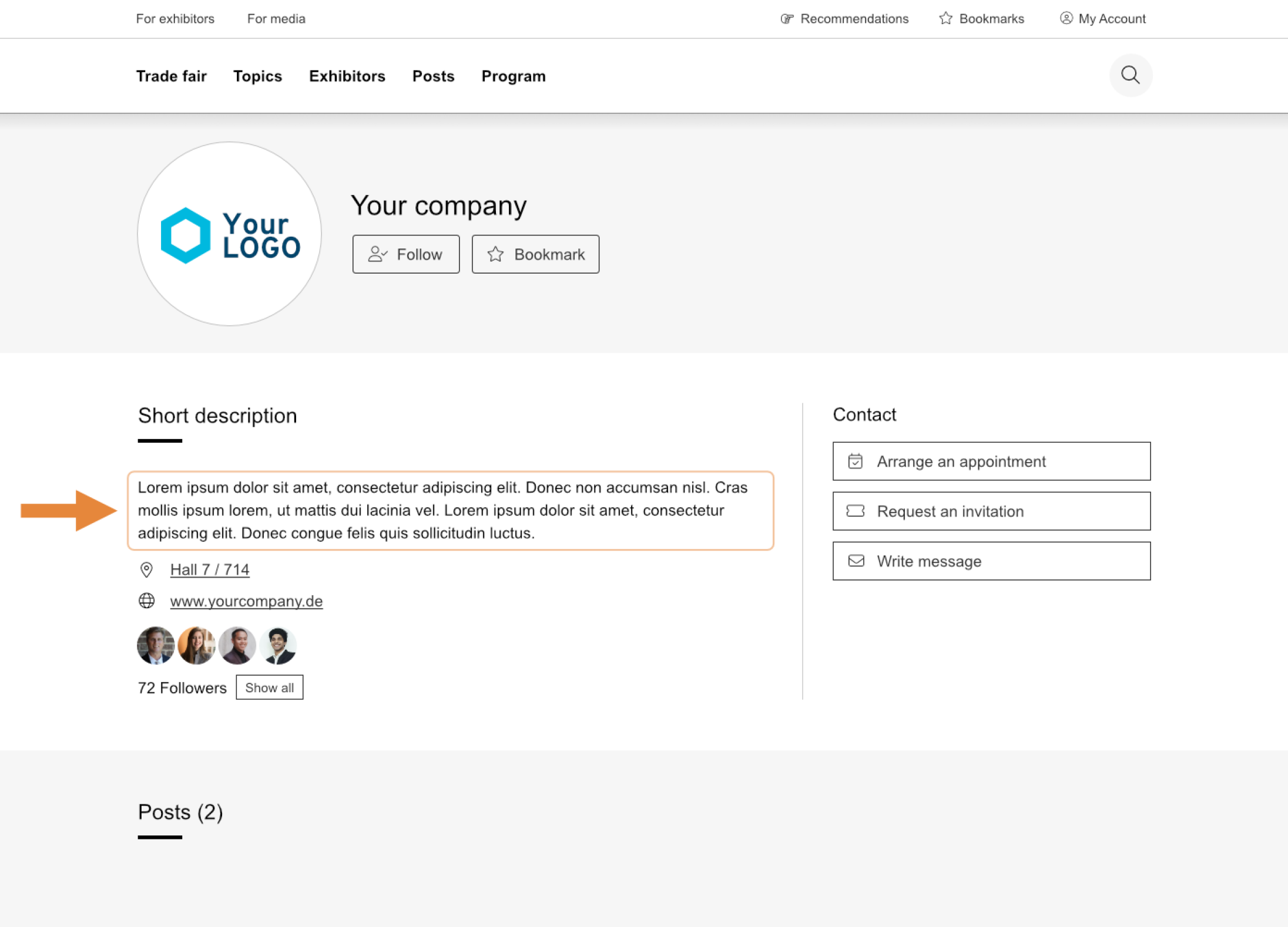 Une page de profil d'entreprise affiche une courte description soulignée par une flèche orange, un logo, des boutons de contact et le nombre d'abonnés. La description contient un texte d'espace réservé.
