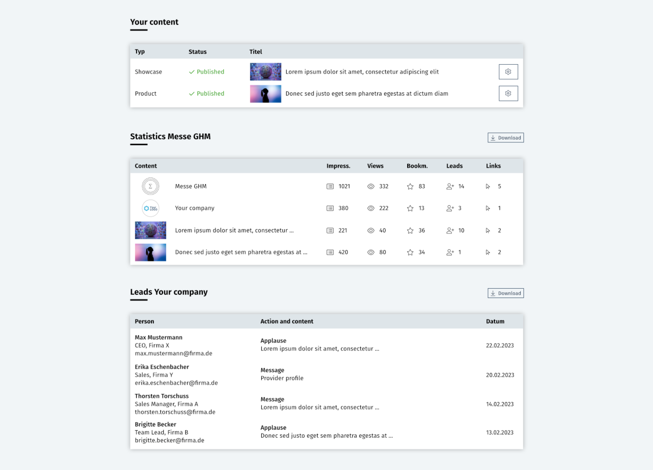 Un tableau de bord affiche le contenu publié, des statistiques avec impressions et actions, ainsi qu'un tableau des prospects avec coordonnées, actions et dates. L'interface est claire et comprend des sections dédiées au contenu, aux statistiques et aux prospects de l'entreprise.