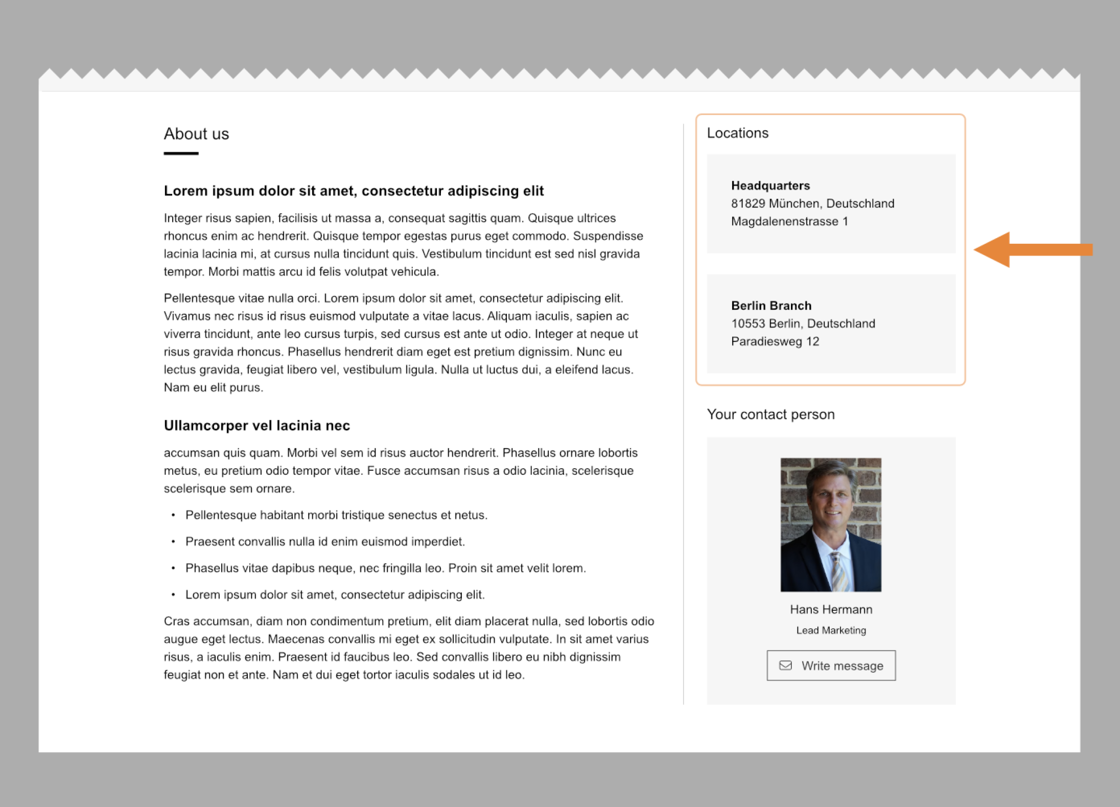 Page de contact d'un site web présentant l'adresse de l'entreprise, une photo de profil et les coordonnées d'un contact, ainsi que des sections avec du texte d'espace réservé. Une flèche orange pointe vers l'adresse du siège social de l'entreprise.