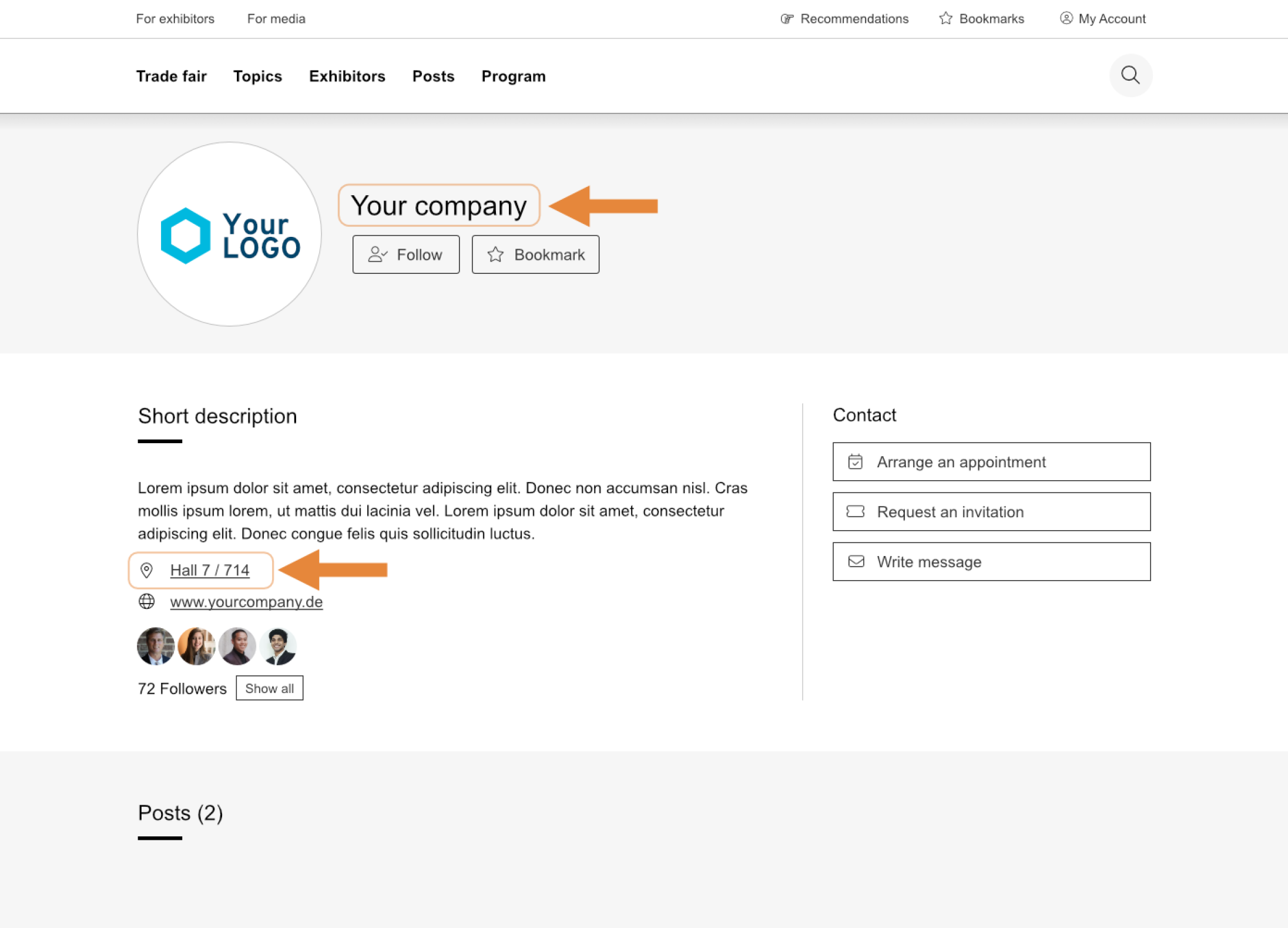Sur un site web, la page de profil d'une entreprise présente un logo hexagonal, le nom de l'entreprise, des boutons « Suivre » et « Favoris », une courte description, un lien vers le site web, des options de contact et une section dédiée aux publications. Des flèches orange mettent en évidence le logo et le nom de l'entreprise.