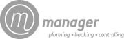 Logo avec une icône circulaire contenant un m minuscule à gauche, suivi du mot manager. En dessous se trouvent les mots planning - booking - controlling. L'image est en niveaux de gris.
