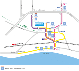 Carte montrant les parkings (marqués par des symboles P bleus) et les voies de transport près du lac Léman à Lausanne, y compris les routes, les lignes de métro (M1, M2), et les lieux clés tels que Ouchy, Riponne, Beaulieu, et St-François.