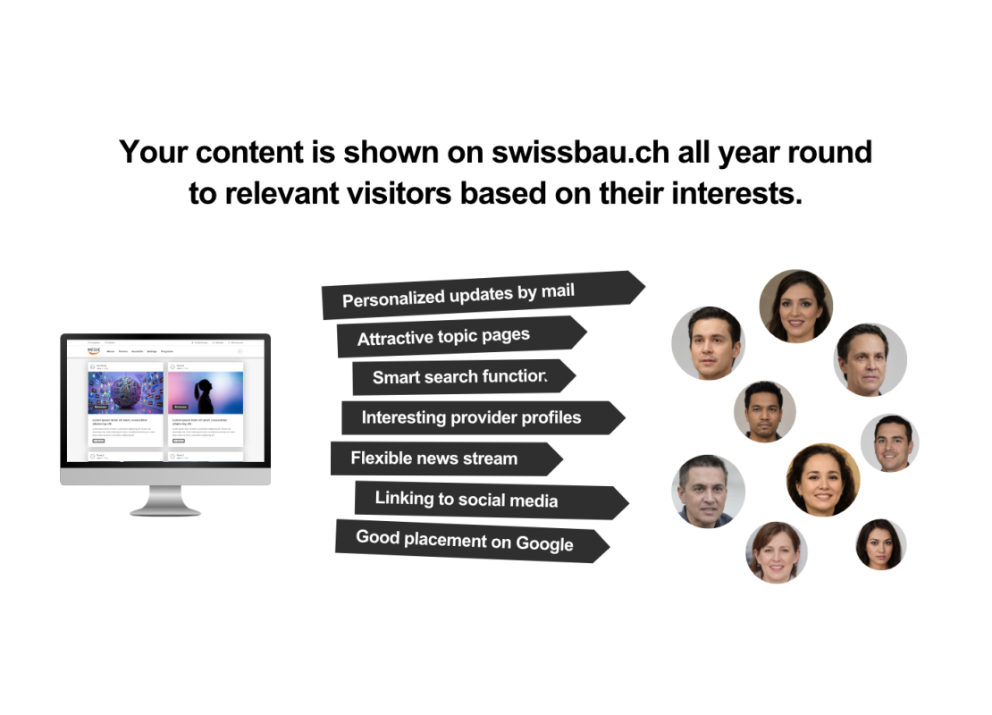 Un écran d'ordinateur affiche un site web. À côté, des flèches noires répertorient des fonctionnalités telles que des mises à jour personnalisées, une recherche intelligente et des liens vers les réseaux sociaux. À droite, huit visages différents représentent des utilisateurs aux intérêts variés.